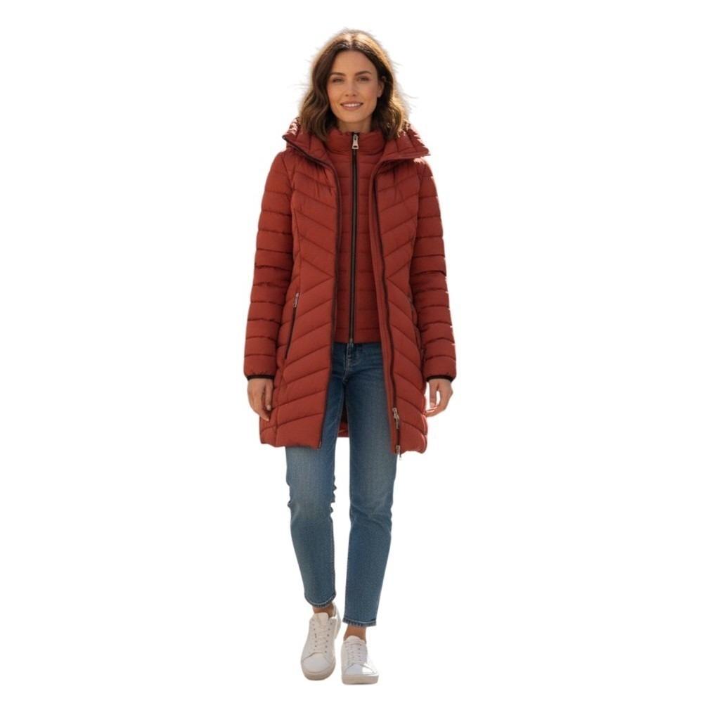 DKNY Long Packable Vestie Walker/Bibbed Hooded Puffer‎ Coat, Color Sienna, XL